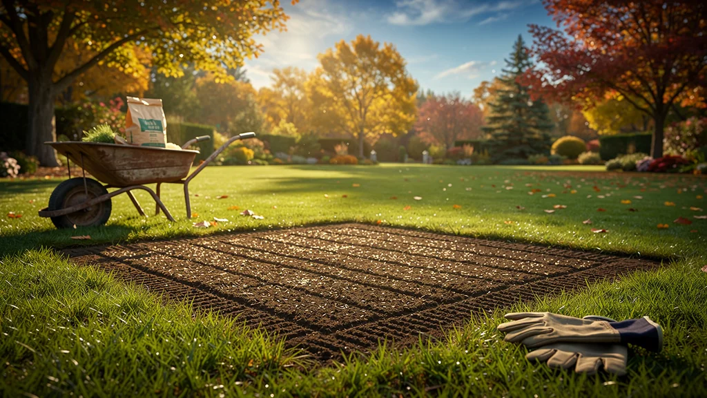 Photo réaliste jardin automne avec pelouse regarnissée et terre préparée pour semis gazon