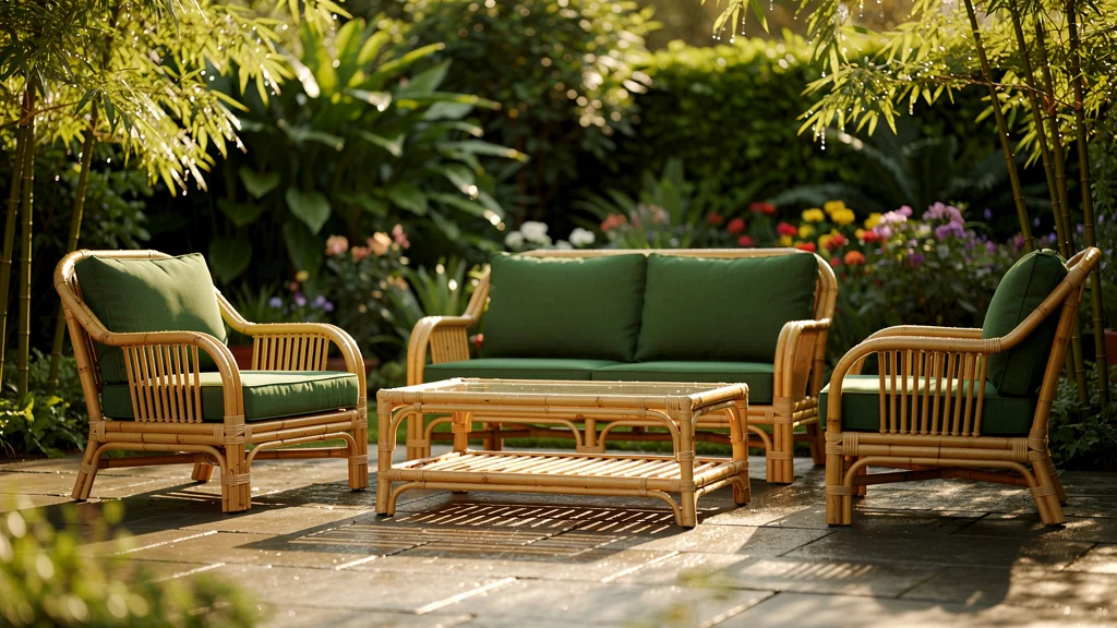 Salon de jardin en bambou élégant en extérieur, ambiance naturelle et lumineuse de jardin moderne