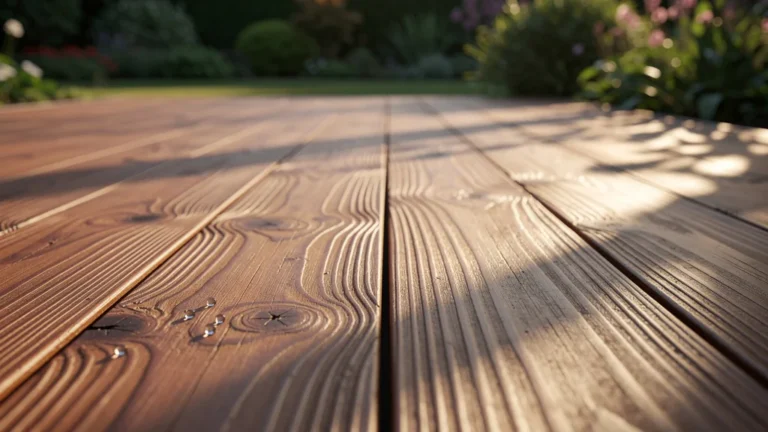 Terrasse en bois protégée par saturateur après 6 mois d’exposition naturelle, bois riche et brillant