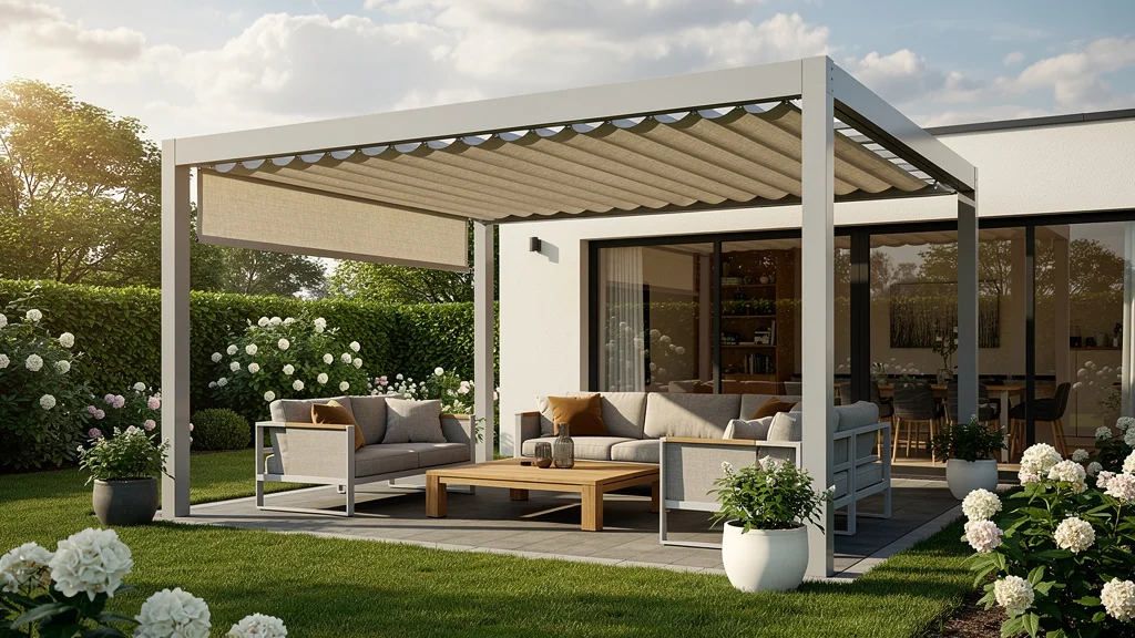 Installation d’un store pergola moderne dans un jardin contemporain éclairé par une lumière naturelle douce