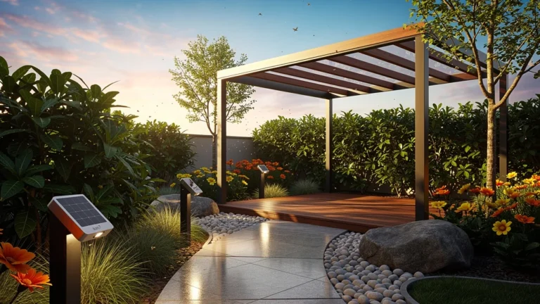 Jardin moderne au coucher de soleil avec éclairage solaire sun7 et aménagement extérieur soigné