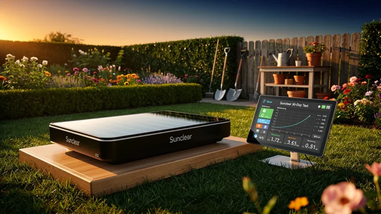Image ultra-réaliste du dispositif solaire Sunclear testé 30 jours dans un jardin lumineux