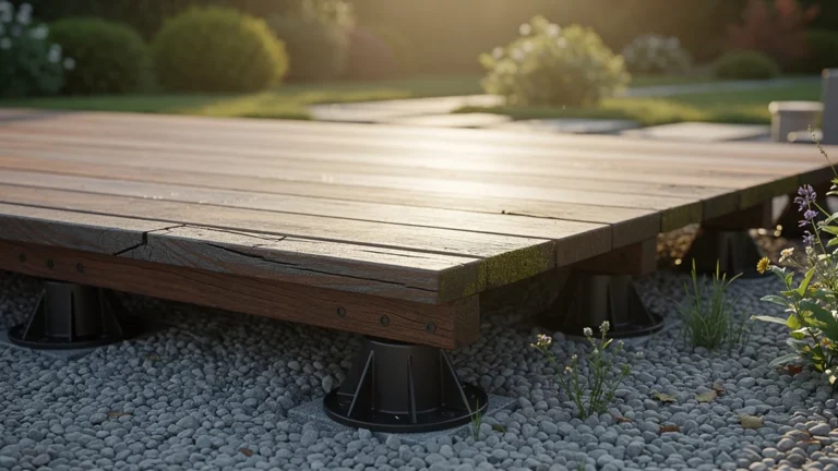 Terrasse bois sur plot vieillie après 12 mois d’usage, montrant usure et performance en extérieur