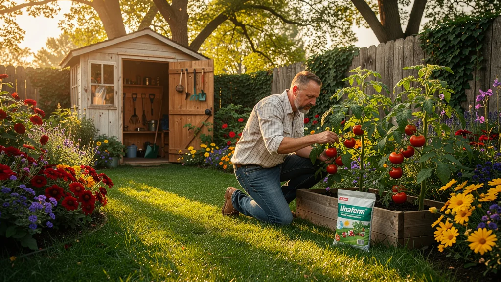 Jardin luxuriant après un mois d’utilisation d’Unaferm, jardinage extérieur réussi, herbe verte et fleurs éclatantes